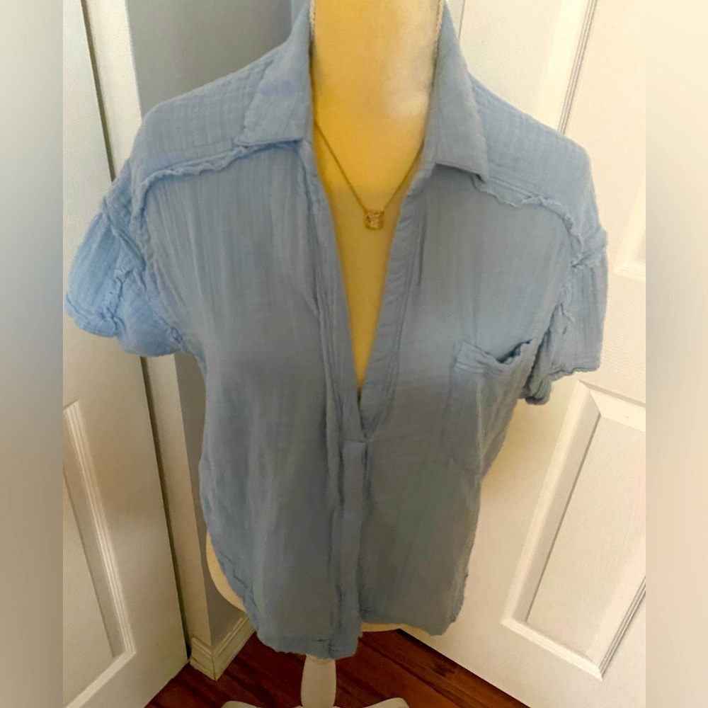 We the Free Light Blue Crinkle Crop Camp Shirt